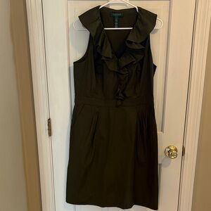 Lauren Ralph Lauren Olive Green Ruffle V-Neck Sleeveless  Dress size 14 like new